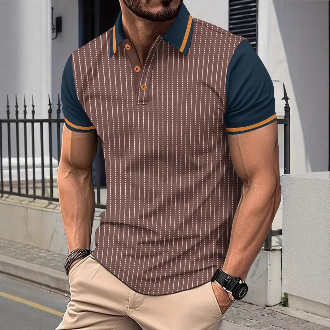 Men's color blocked lapel polka dot outdoor casual short sleeved T-shirt - Picture 11 of 11
