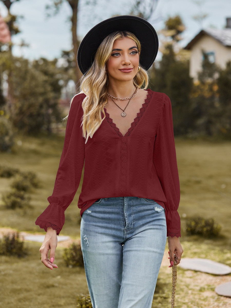 New European and American Jacquard V-neck Lace Splicing Long Sleeve Top - Picture 12 of 13