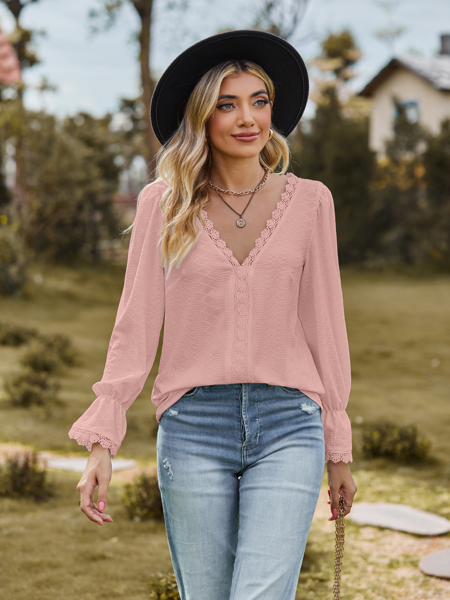 New European and American Jacquard V-neck Lace Splicing Long Sleeve Top - Picture 13 of 13