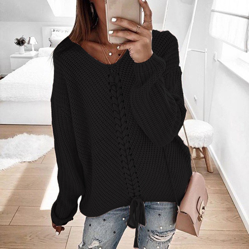 Long sleeved loose V-neck drawstring backless pullover sweater - Picture 19 of 22