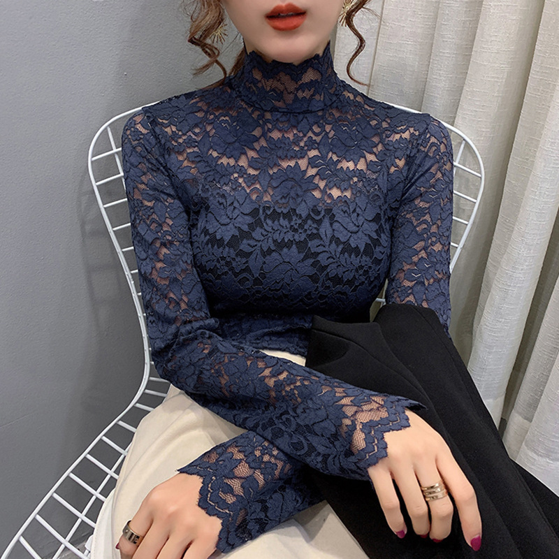 Hollow lace base shirt for slimming, half high neck slim fit top - Picture 13 of 16