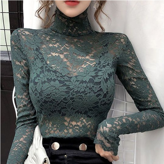 Hollow lace base shirt for slimming, half high neck slim fit top - Picture 16 of 16