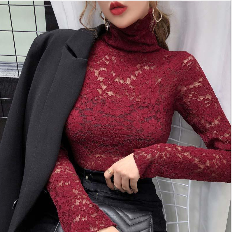 Hollow lace base shirt for slimming, half high neck slim fit top - Picture 15 of 16