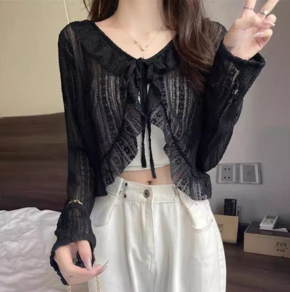 Ladies' Apricot Lace Lace Cardigan Lace Collar Sunscreen Air Conditioning Shirt - Picture 10 of 12