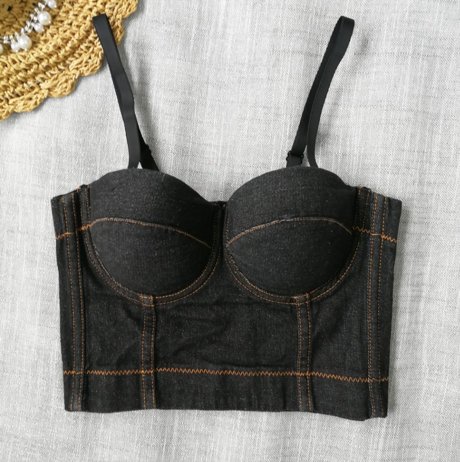Women Denim Tank Bustier Bra Bralette Corset Crop Top Spaghetti Straps Punk - Picture 8 of 9