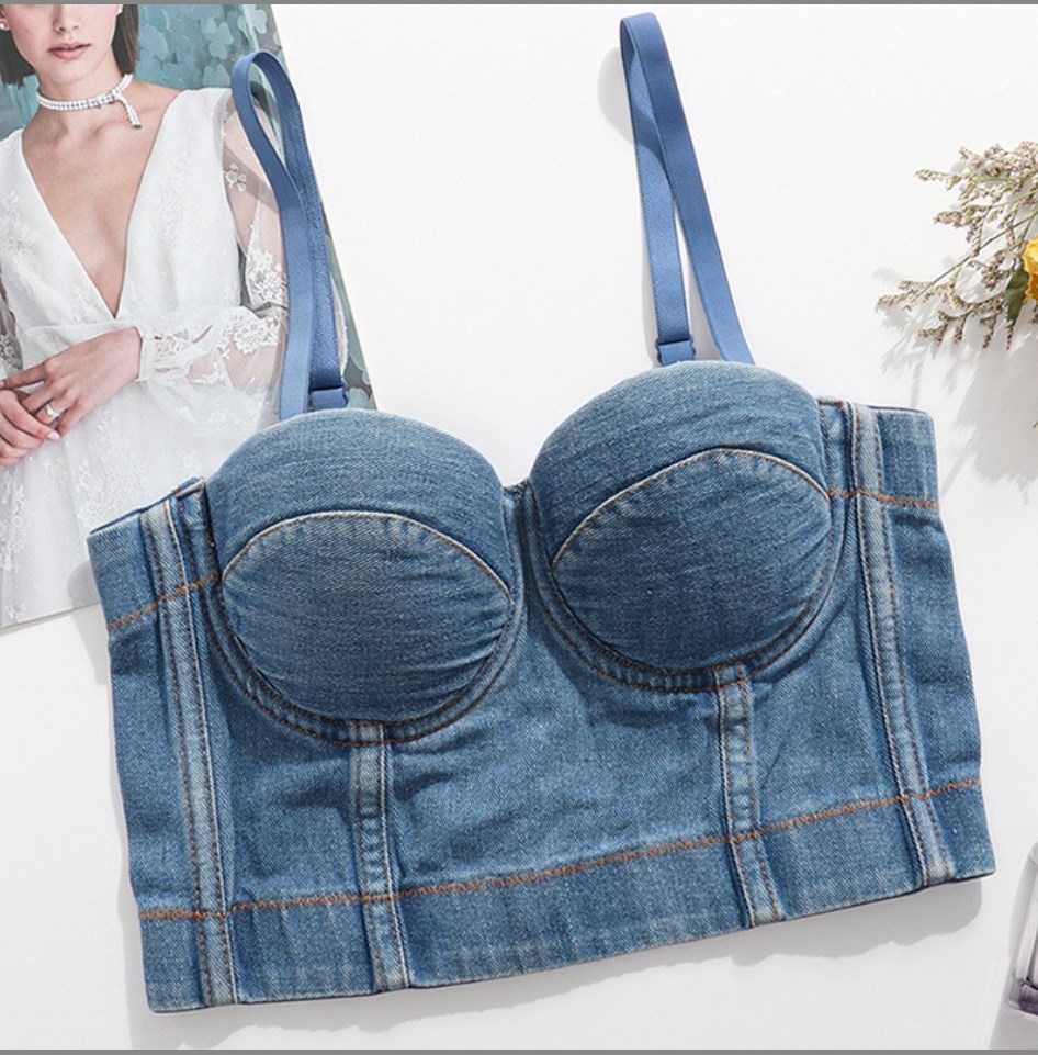 Women Denim Tank Bustier Bra Bralette Corset Crop Top Spaghetti Straps Punk - Picture 9 of 9