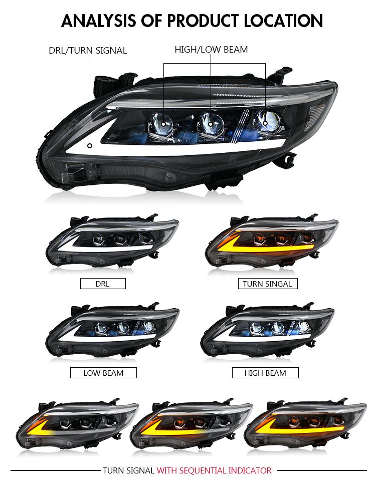 YUANZHENG VLAND LED Projector Headlights & D2H Xenon Bulbs Compatible For Toyota Corolla 2011 2012 2013, With Amber Turn Signal, Only Fit For US Version
