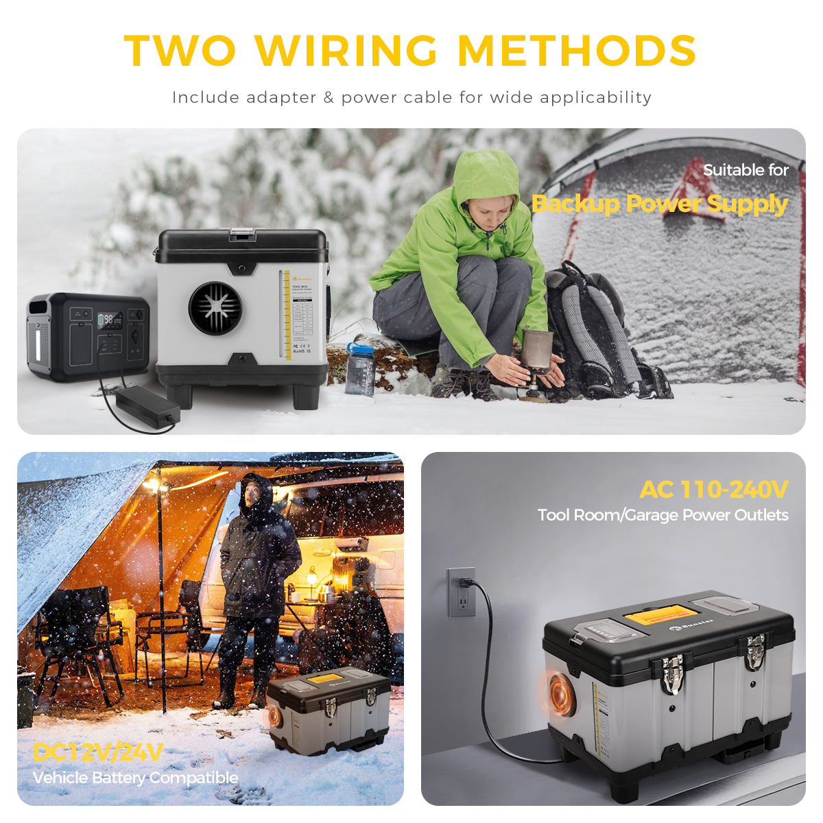 Dual power input: vehicle battery and AC mains