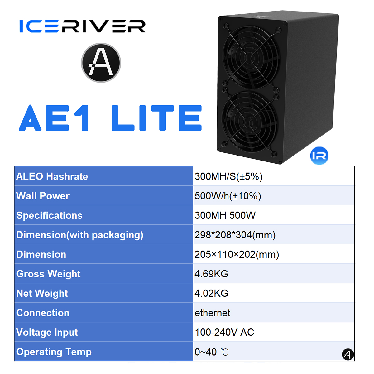 NEW IceRiver Aleo AE1 Lite 300MH/S 500W Asic Aleo Mine with PSU