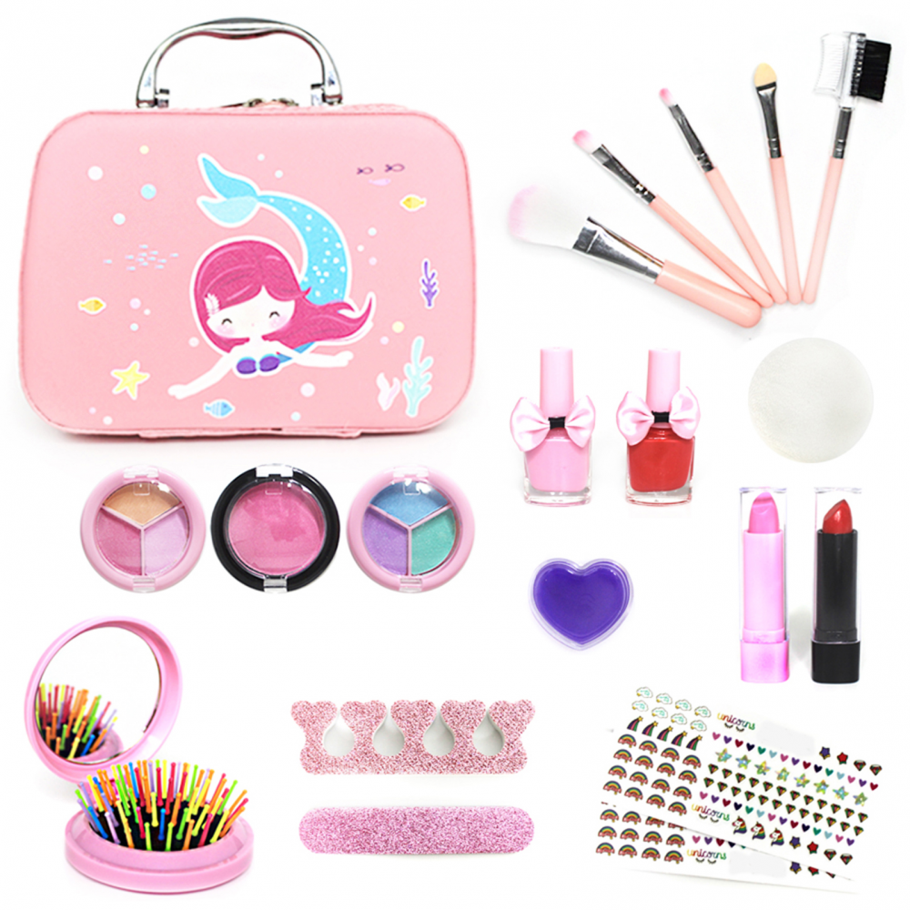 Banvih Makeup Kit for Girls-Pretend Play Toy Makeup Set for Kids Toddlers with Princess Crown, Purse, Lipstick,Brush Toys for Li