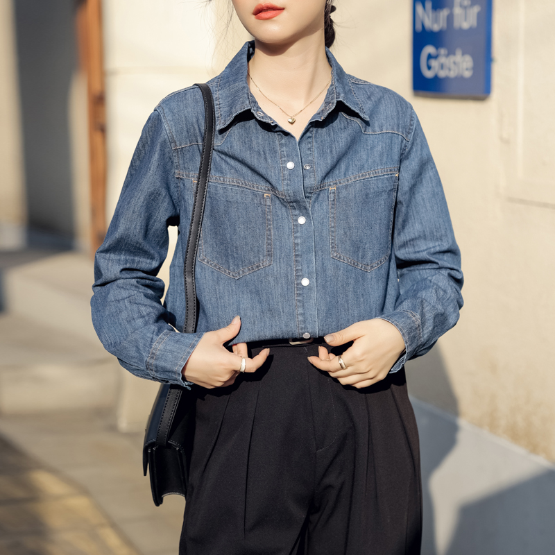 復古純色翻領牛仔襯衫