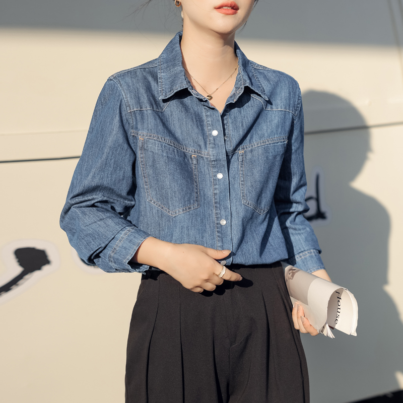 復古純色翻領牛仔襯衫