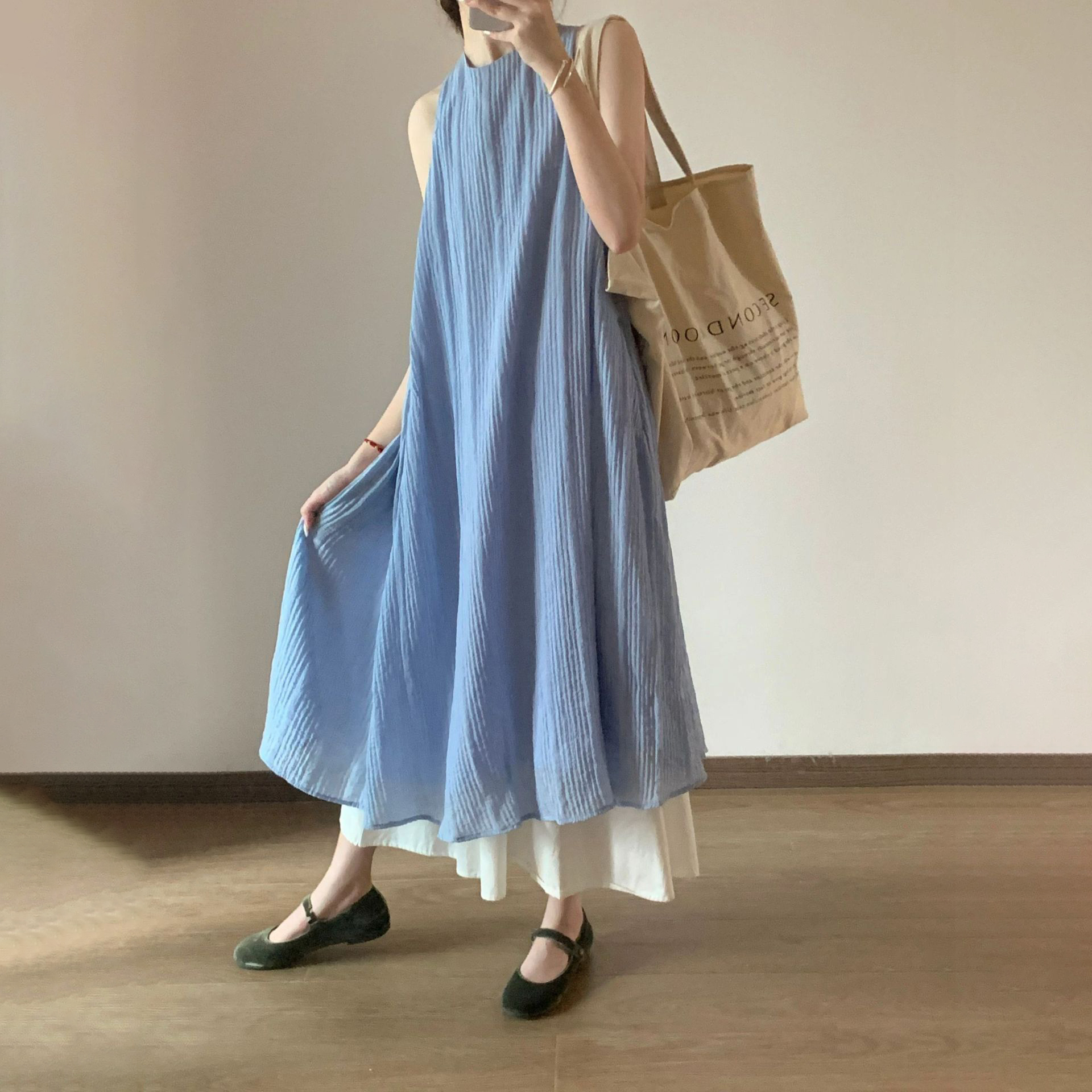 法式條紋肌理感寬鬆顯瘦垂墜氣質假兩件洋裝