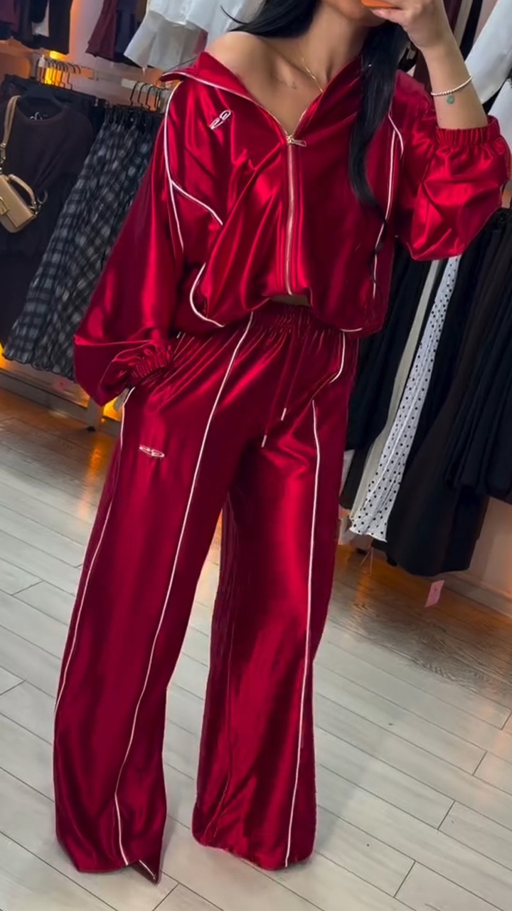 Women Vertical Patterned Jacket+ Pants Shiny Casual Suit