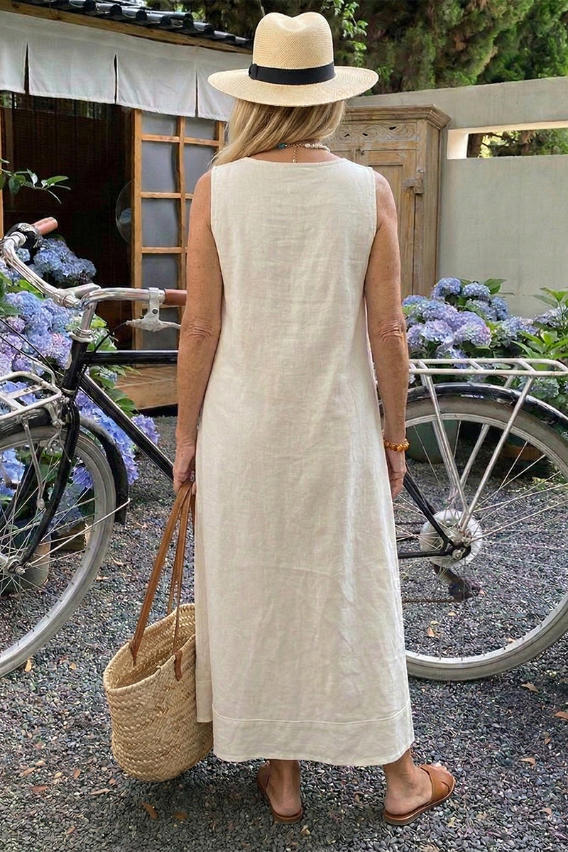 Women V-neck Sleeveless Solid Color Patchwork Casual Maxi Dress